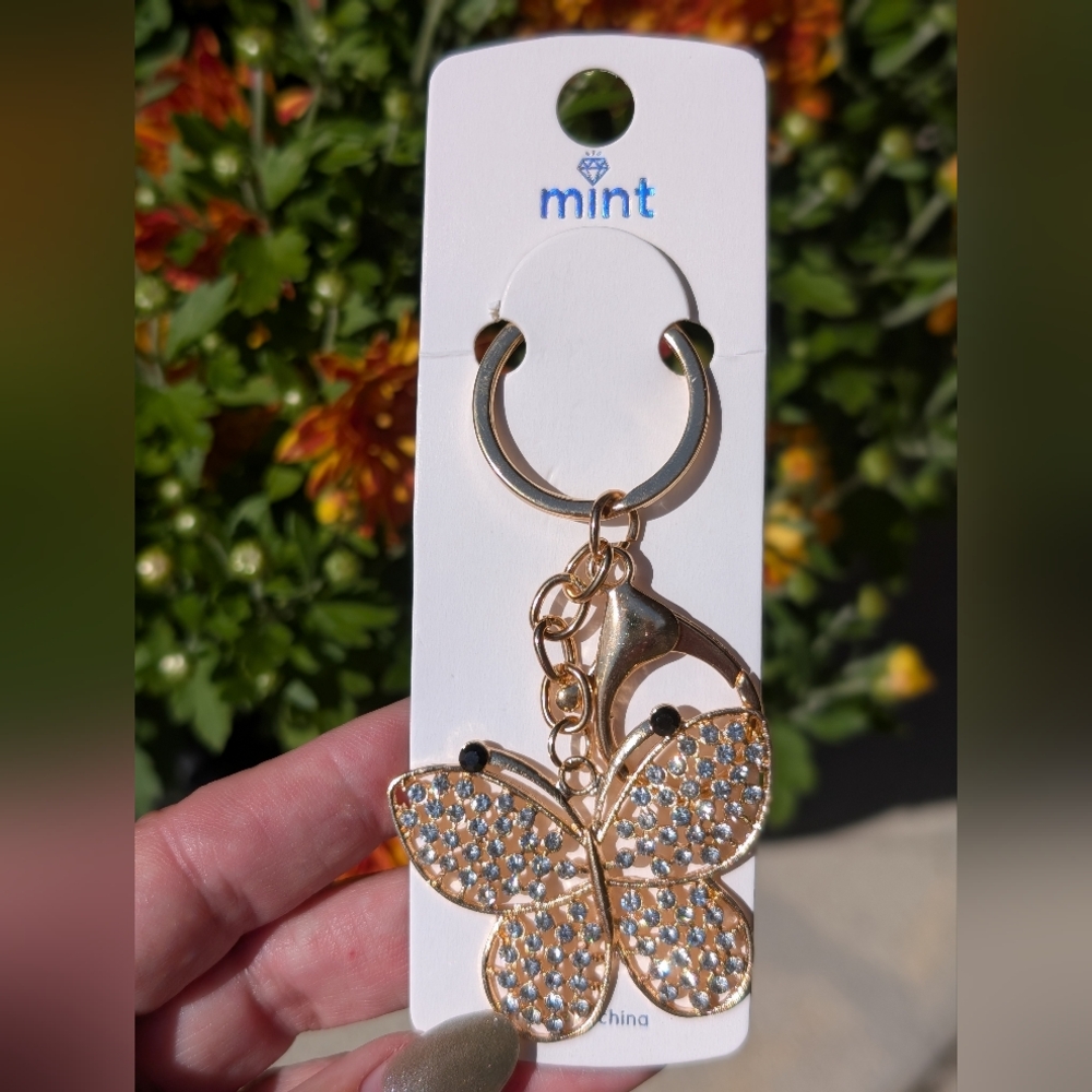 Mint Butterfly Bag charm/Keychain With Rhinestones In Gold Or Siver